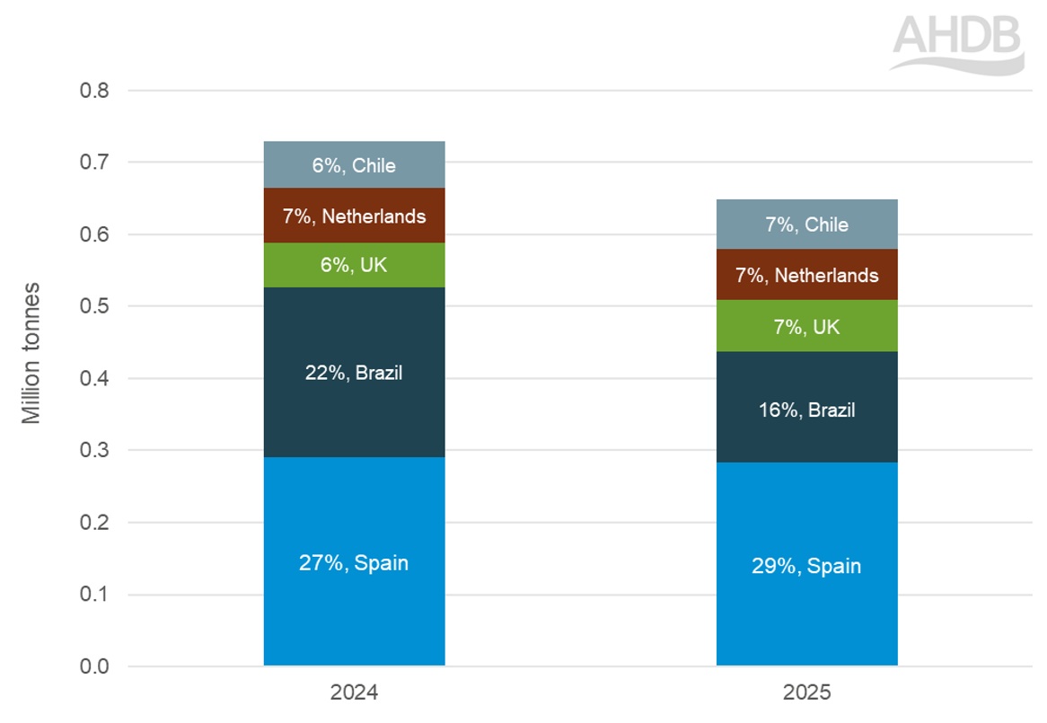 Bar chart pig meat import volumes from Spain, Brazil, the UK, the US and one additional country.